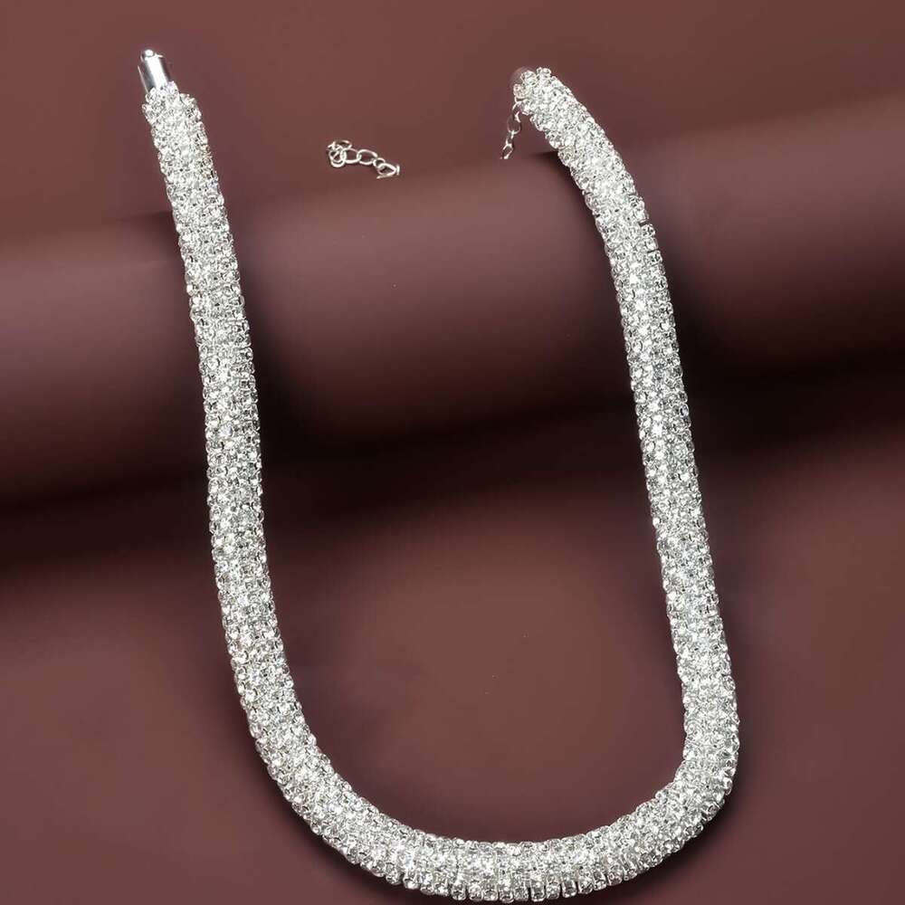 Exaggerated Rhinestone Necklace for Women Versatile Choker Personality Jewelry Dia Tube New Style Sparkling