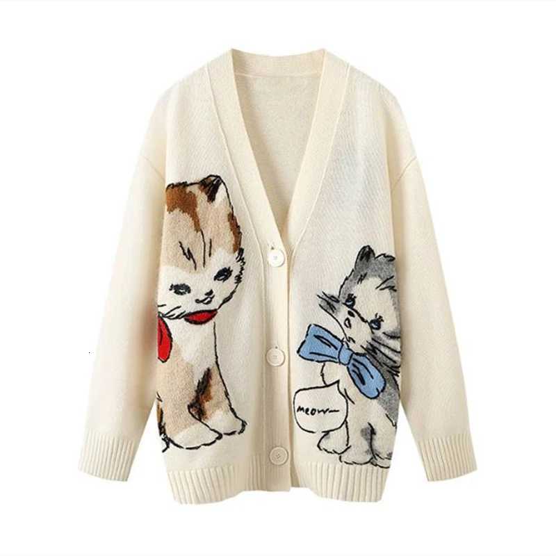 Women Knitted Cardigans Cartoon Cat Pattern Retro Korean Chic Long Sleeve V-neck Sweater Coat Fashion Outerwear Loose Female Top X250724