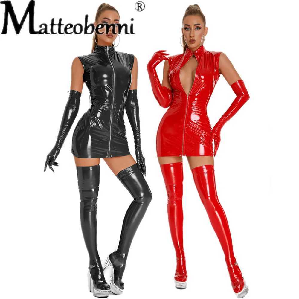 PU Leather Dress With Gloves Stockings Punk Gothic Sexy Bodycon Mini Lingerie Dress Latex Catsuit Women Club Party Outfits W250724