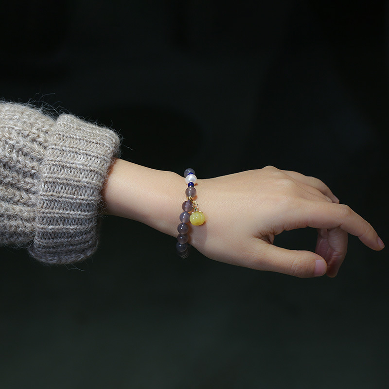 Chinese Style Natural Gray Agate Bracelet with Yellow Jade Pumpkin Freshwater Pearl Lapis Lazuli A Feminine Jewelry Piece