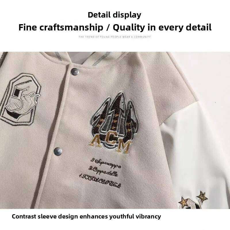 Women's Wear Extra Large 300 Pou Patchwork Baseball Men's Autumn Winter American Retro Embroidery Pilot Jaet Loose Fit Youth F...
