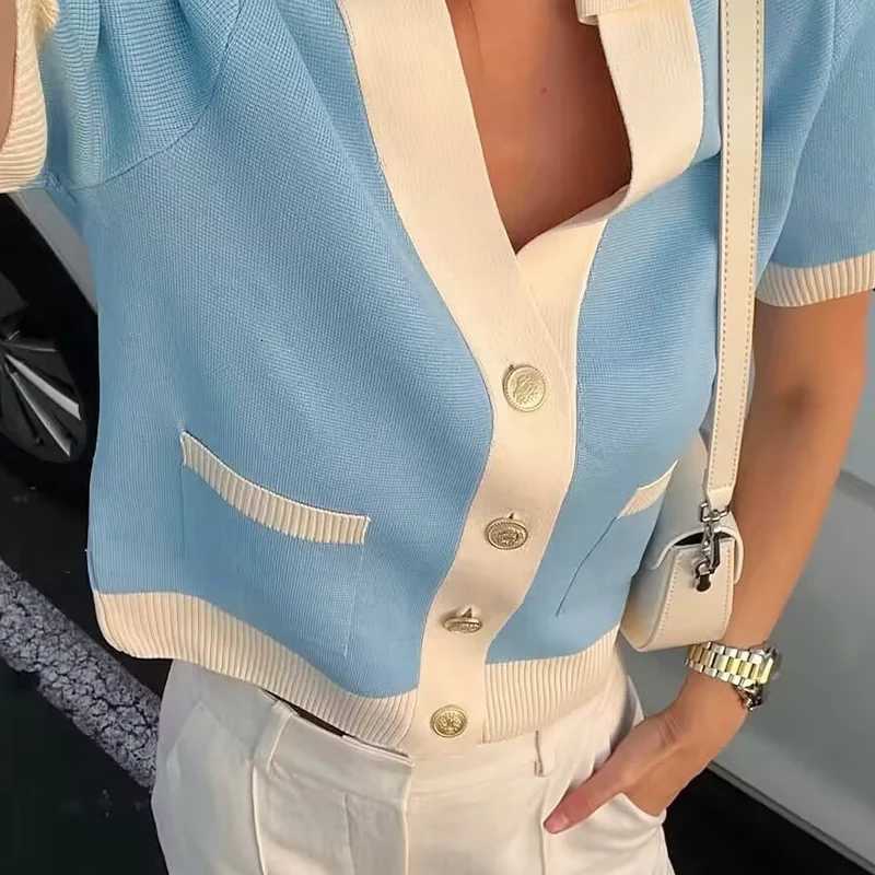 2025 HXAO Crop Knit Cardigan Womens Sweater Summer Knitwear Crop Blue Knitted Short Sleeve Outerwear Button Cute Cozy Sweaters X250724