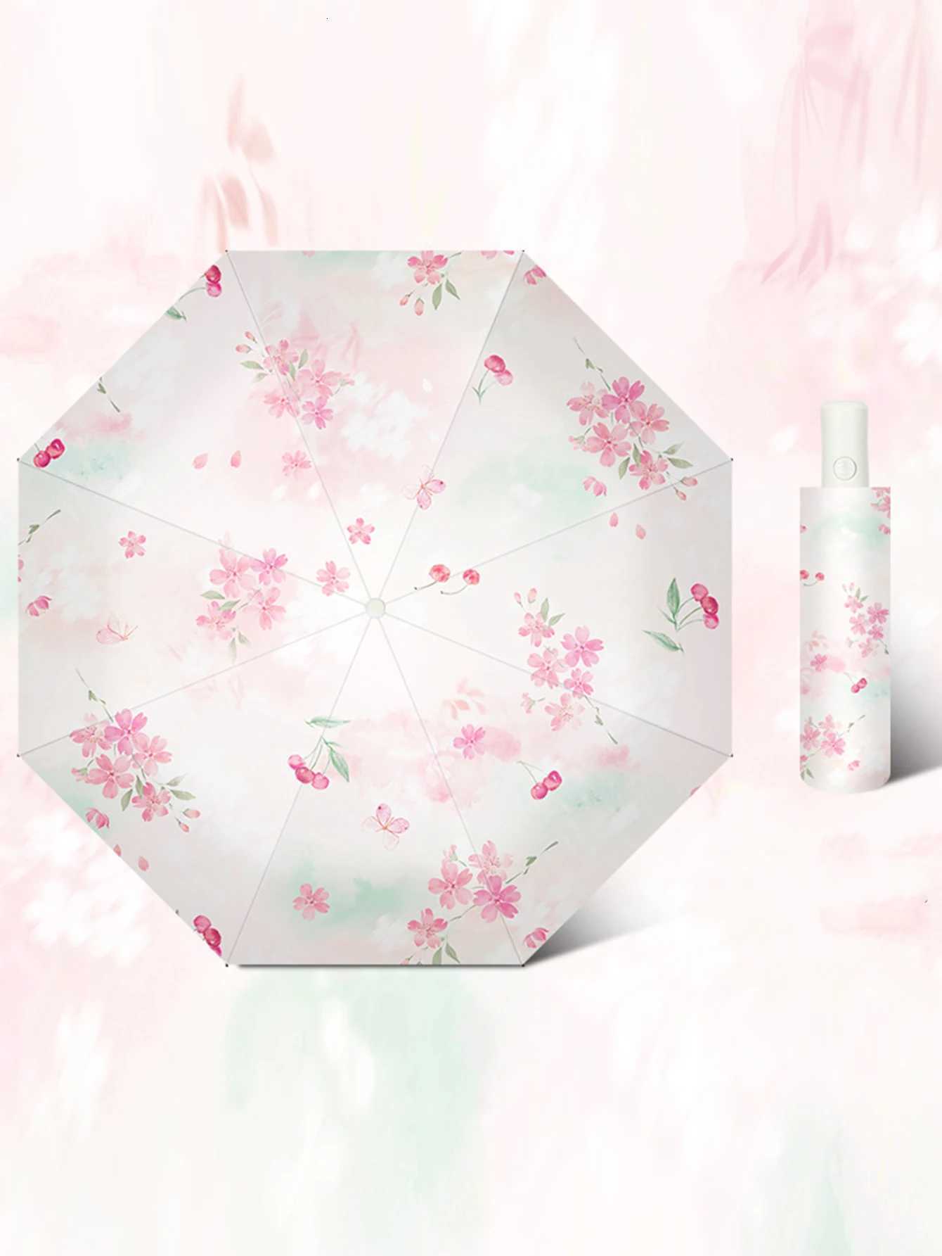 Falling Cherry Blossoms Colorful Printed Pattern Umbrella Fully Automatic Umbrella Waterproof Sunscreen UV Protection Portable R250724
