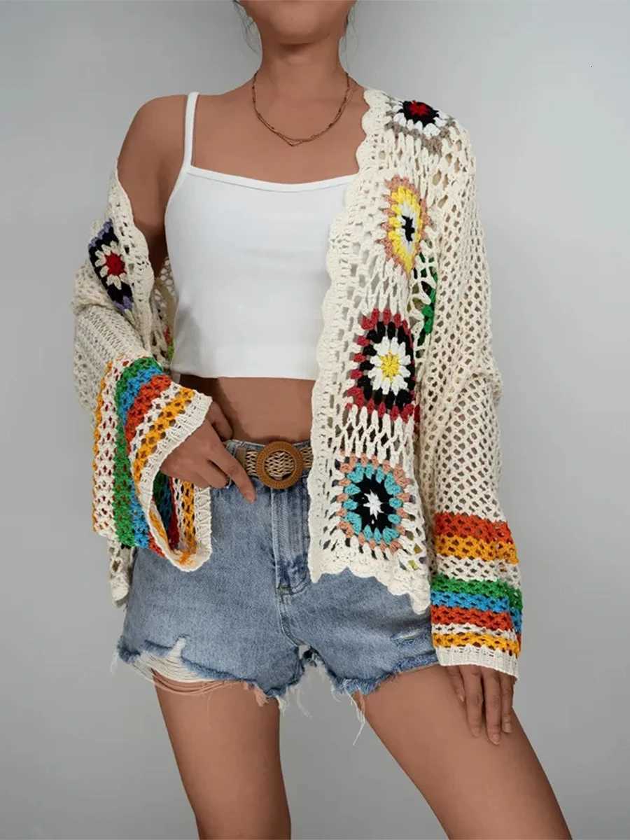 2025 Y2K Hollow Knitted Crochet Sweater Cardigan Womens Spring and Autumn Fashion Blouse Top 2000s Vintage Beach Coverups X250724