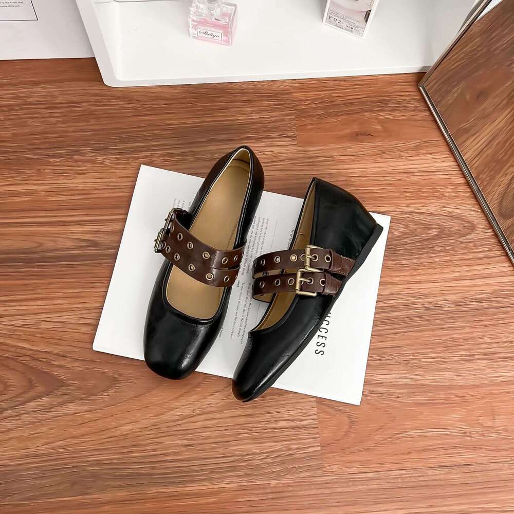 Designer Spring New Color-Block Mary Jane French Style Hidden Wedge Double Strap Flat Single Shoes for Women