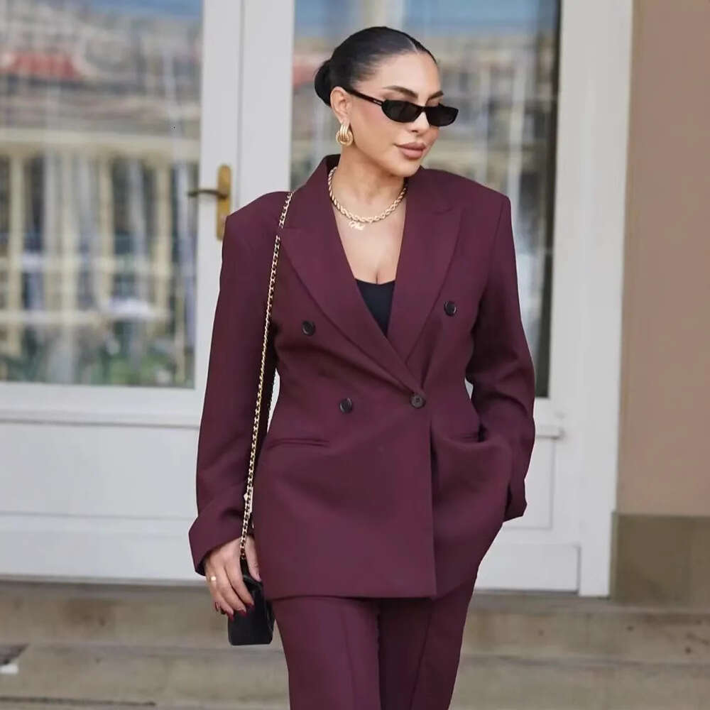 TRAFZAINS Autumn New Style Anker Red Double-Breasted Blazer Suit Pants Set B5