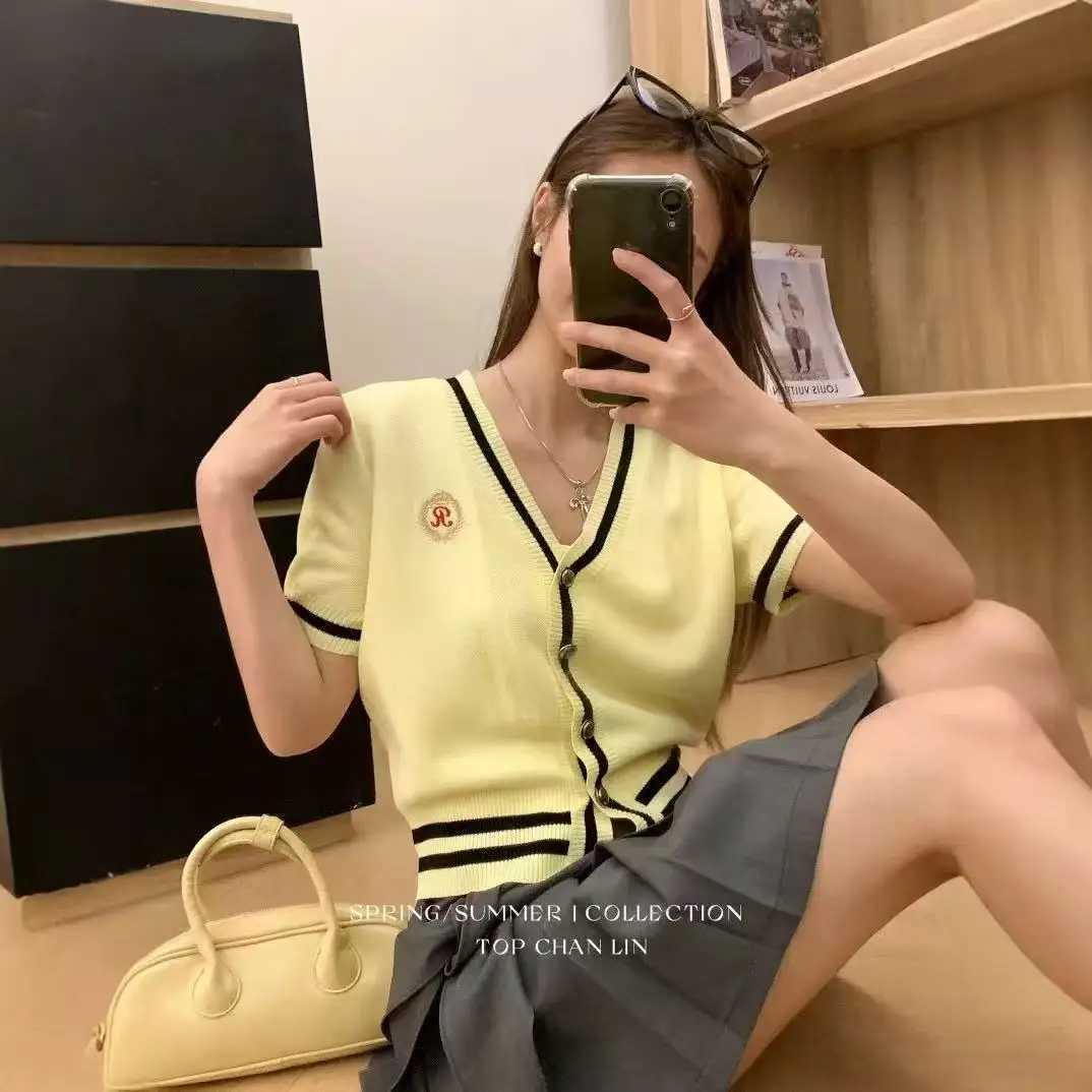 2025 Summer V-neck Knit Sweater Cardigan Women Striped Embroidery Single-breasted Tops Knitwear Short Sleeve Stylish Chic Jumper X250724