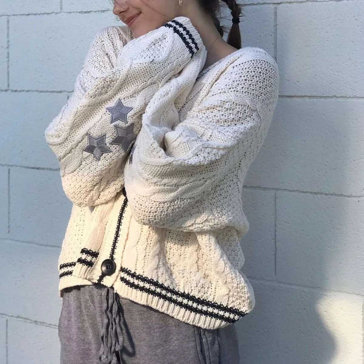 Knit Print Winter Cardigan Sweater Chic Vintage Star Preppy Long Sleeve Autumn V Neck Aesthetic Retro Single Breasted Sweaters X250724