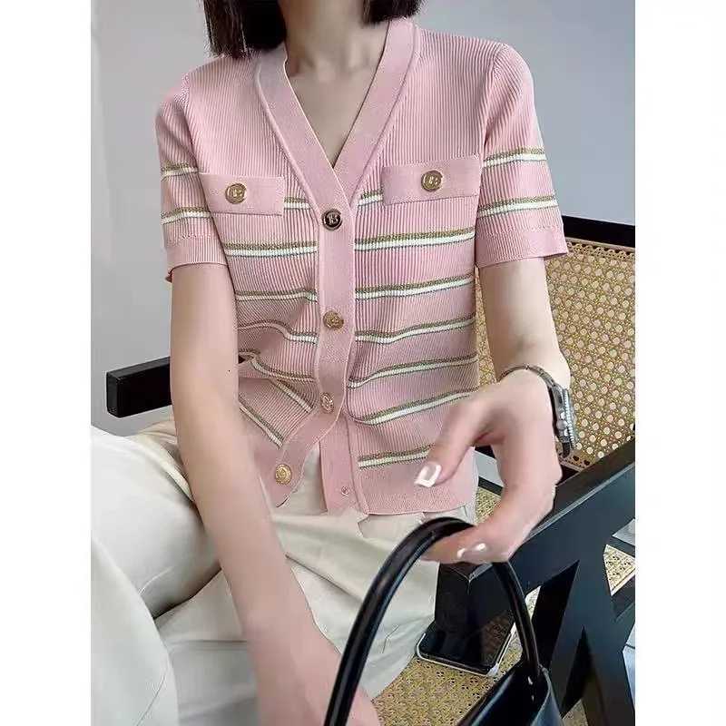 Summer V-neck Knit Sweater Cardigan Women Striped Single-breasted Short Sleeve Knitwear Tops Vintage Elegant Chic Ladies Jumpers X250724