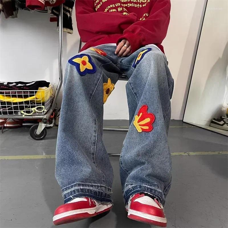 Spot goods Men's Hoodies Autumn Flower Embroidery Jeans Hip Hop Fashion Baggy Denim Trousers Women's Vintage Streetwear Blue Straight Jean