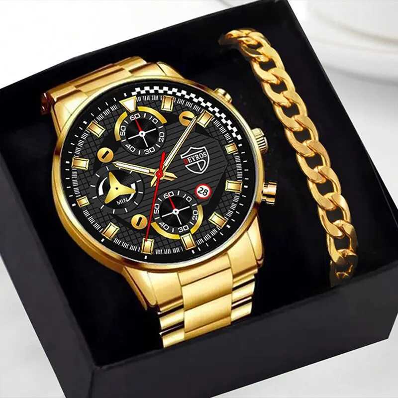 2PCS Fashion Mens Gold Bracelet Watches Set Men Business Stainless Steel Quartz Watch Male Calendar Date Wristwatch Reloj Hombre W250724