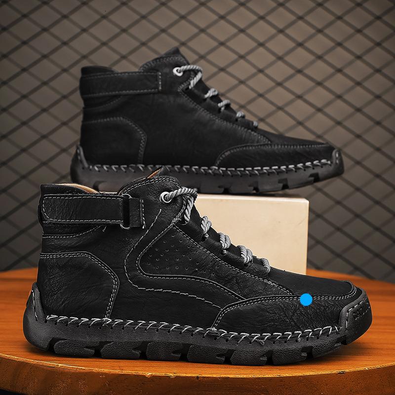 Plus Size Leather Men's Fashion Hand-stitched Ankle Boots Flat Lace-up Casual Shoes