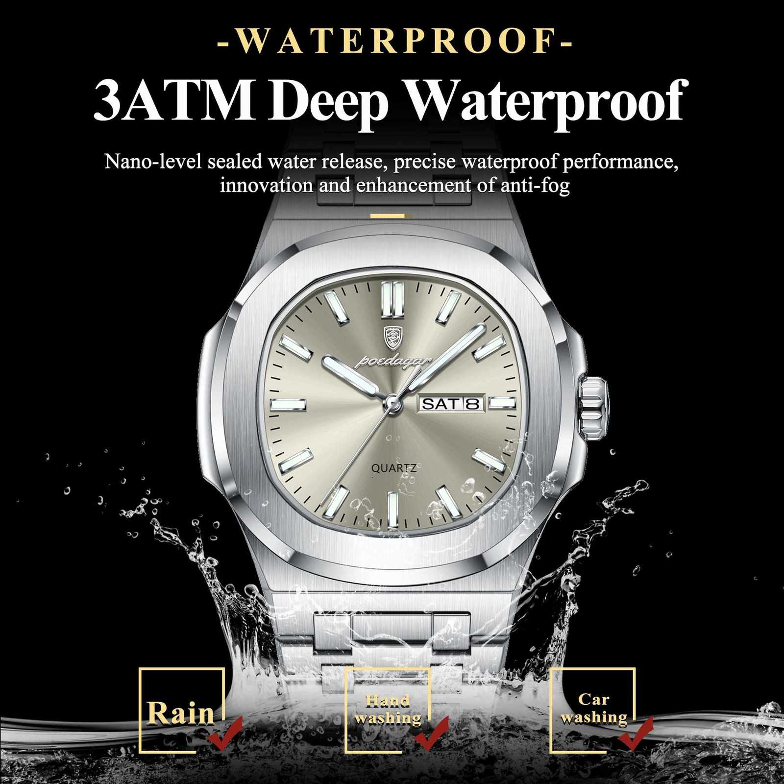 POEDAGAR Trendy Casual Wristwatch For Men Week Date Stainless Steel Man Watch Luminous Waterproof Luxury Quartz Men Watches + Box W250724
