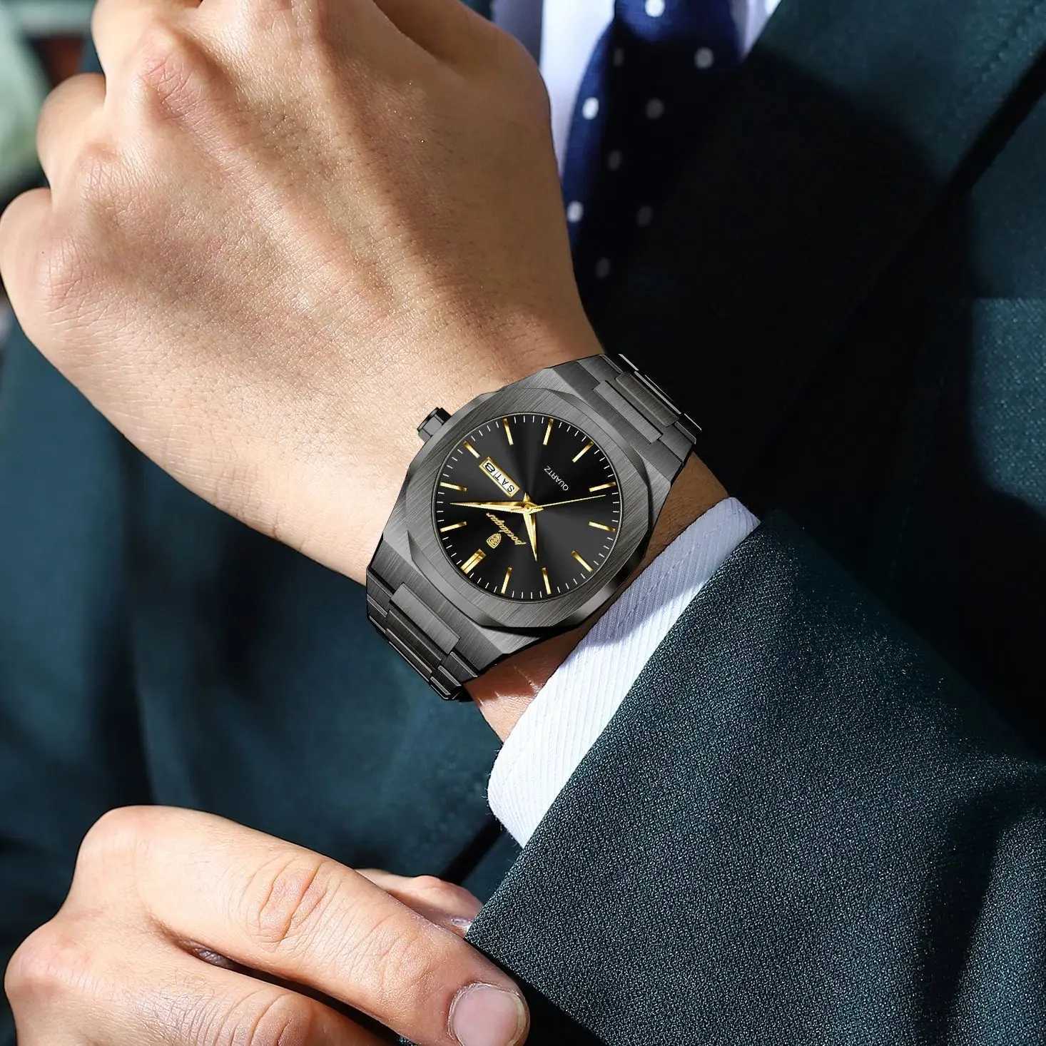 POEDAGAR Fashion Brand Mens Watch Waterproof Luminous Stainless Steel Watches For Men Date Week Casual Quartz Mens Clock Reloj W250724