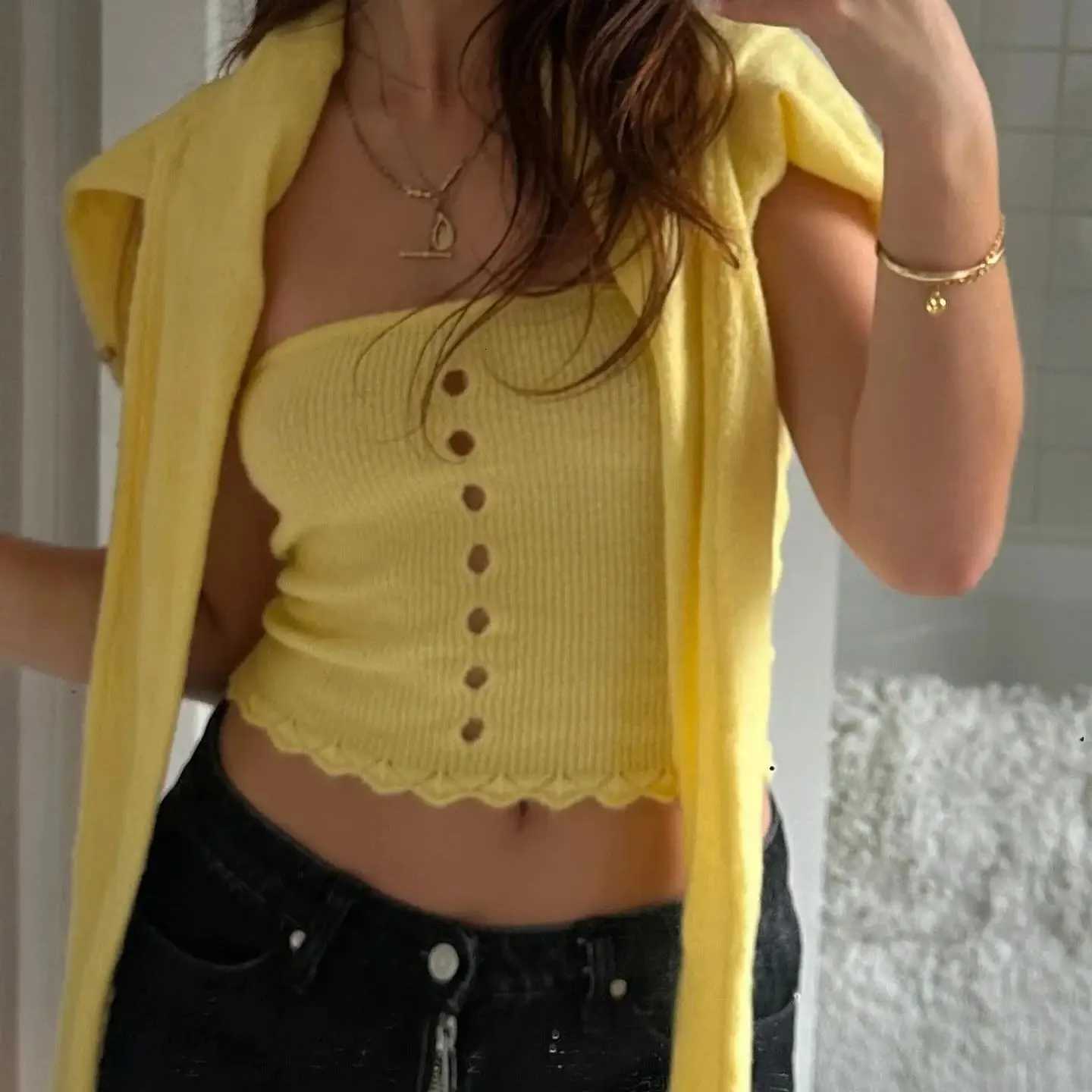 2024 Sexy Yellow Hollow Out Hole Knitted Cardigan Tank Top Elastic Low Waist Mini Skirt Korean Style 3 Pieces 1 Set Black X2507241
