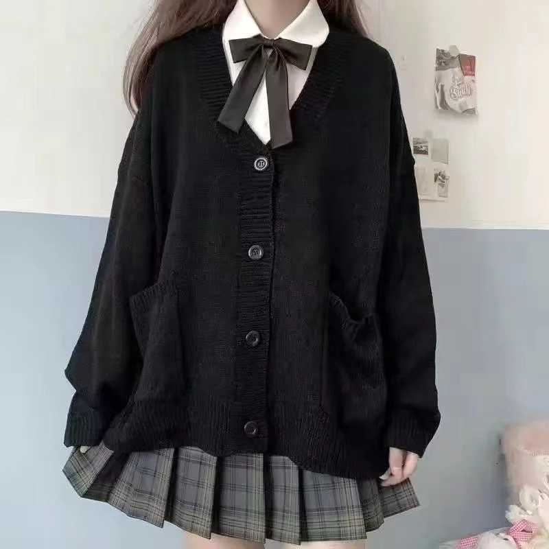 Japanese Korean Womens Cardigan Sweater Trend Large Loose Fitting Knitted Jacket V-neck Solid Female Uniform Coats X250724
