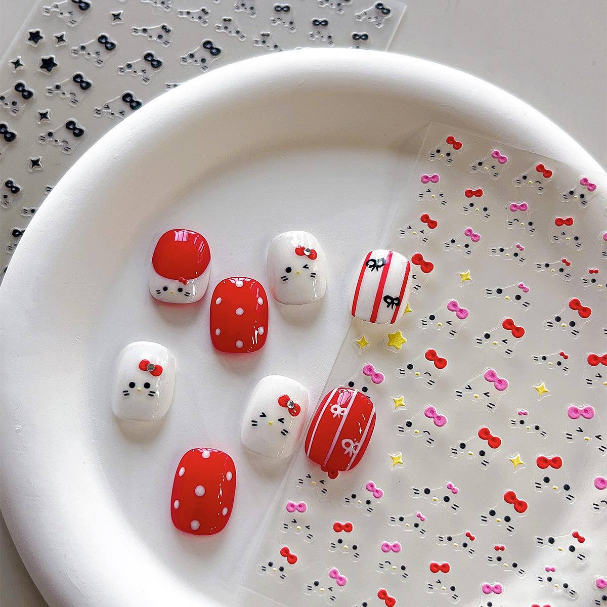 3D Simple hello Kitty Nail Sticker Decal Adhesive Slider Decoration Nail Stickers for Gel Press On Nails - Self-Adhesive Minimalist Ribbon Nail Art De