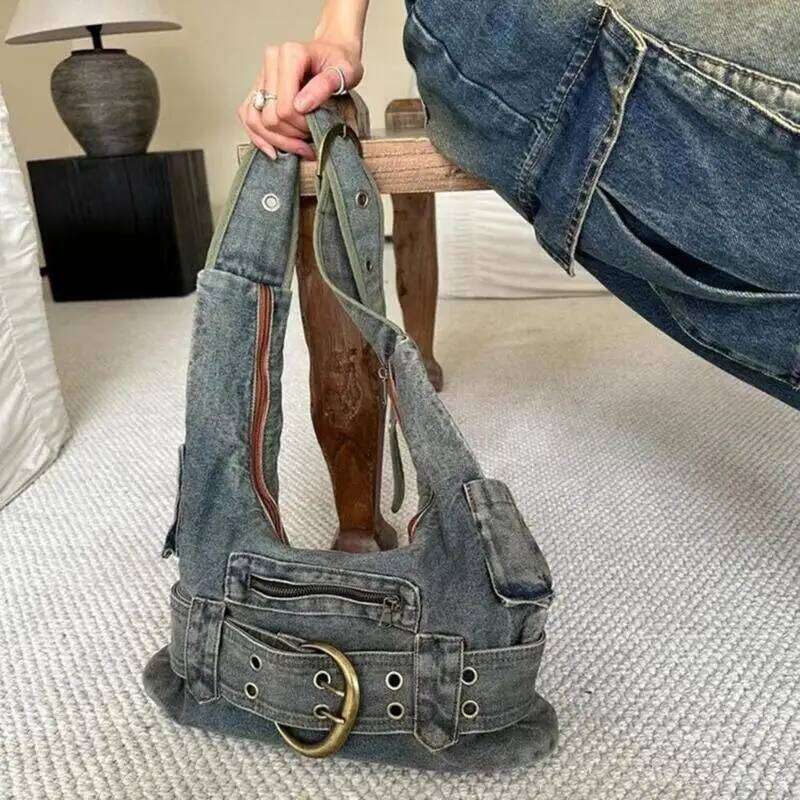 28GD Vintage Punk Denims Handbag with Adjustable Strap for Women Jeans Shoulder Bag