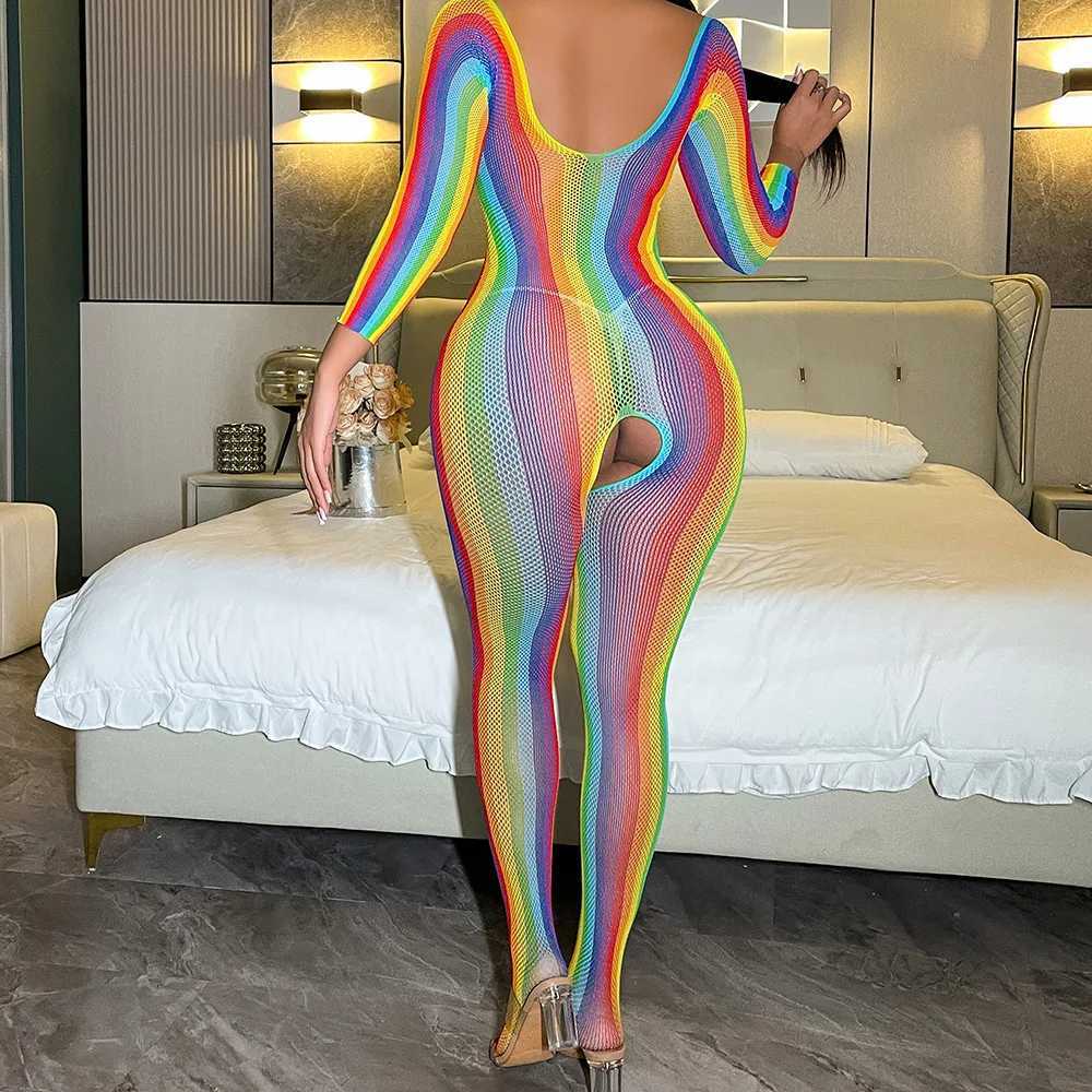 Rainbow Sexy Lingerie for Women Erotic Babydoll Full Bodystocking Underwear Costumes Sleepwear Nightwear Crotchless Bodysuit W250724