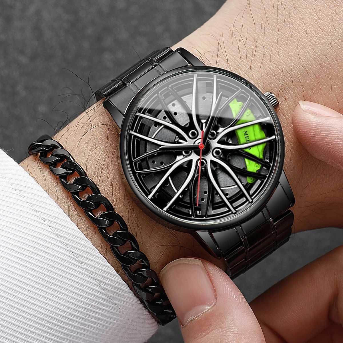 4PCS/Set Fashion Men Watches Jewelry Set Casual 3D Car Wheel Dial Stainless Steel Band Quartz Watch for Men ClockWithout Box W250724