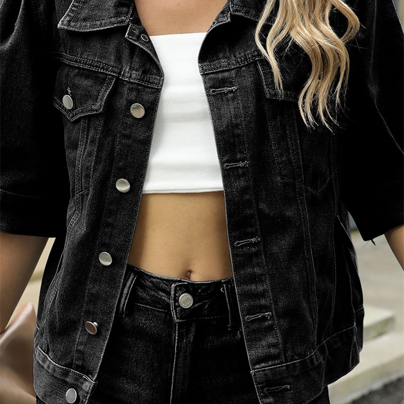 Women Denim Jacket Short Sleeve Turndown Collar Button Clre Solid Casual Streetwear y250709