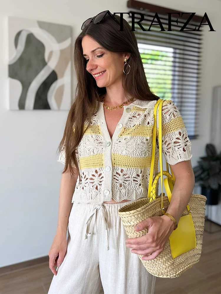 TRAFZA Female Summer Fashion Lapel Jacquard Mesh Knitting Half Sleeve Striped Cardigan Women Single-Breasted Sweater Casual Top X250724