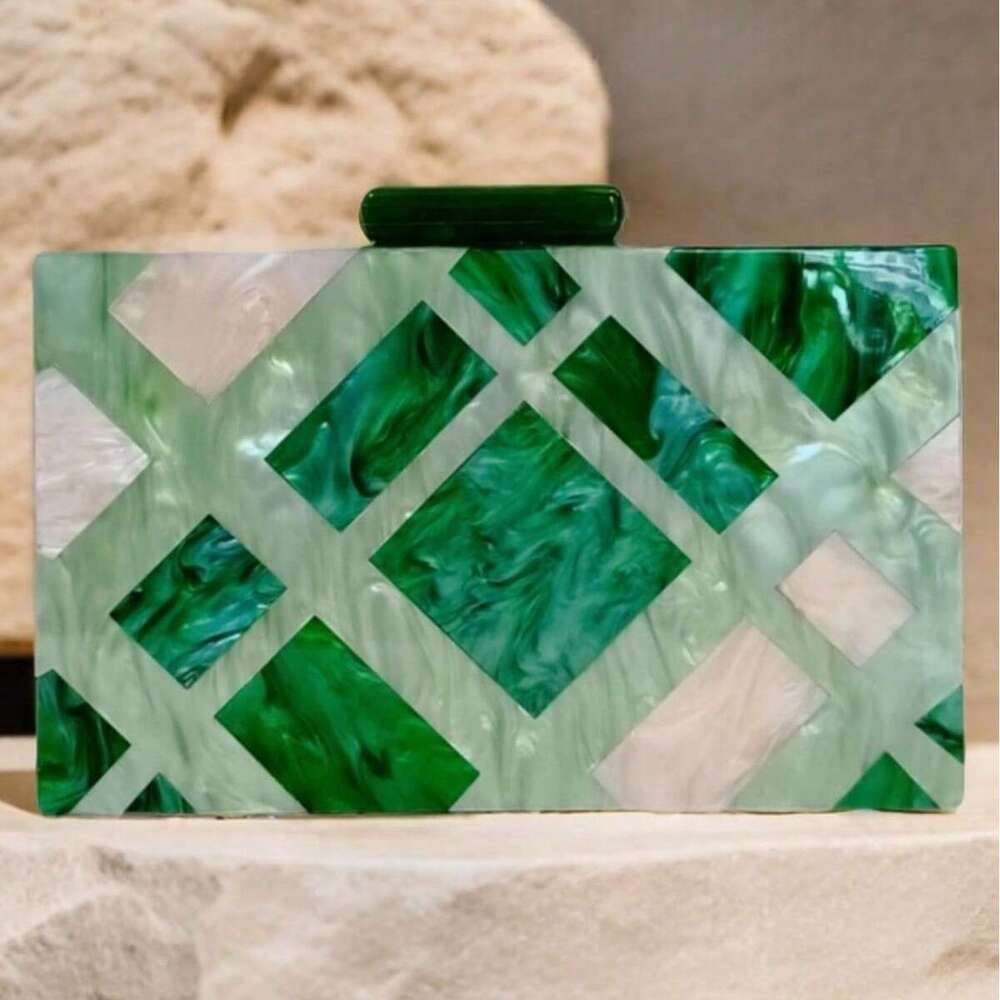 Designer Luxury Evening Diamond Green Plaid Acrylic Women's Clutch Dress Makeup Crossbody Chain Evening Bag Elegant