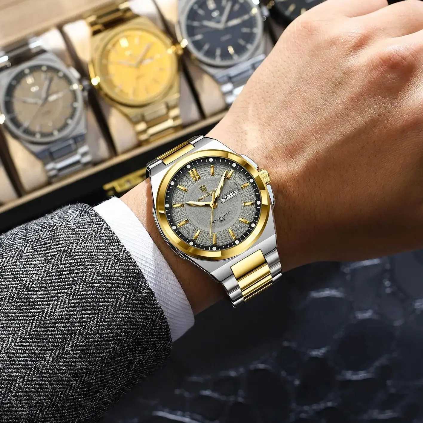 POEDAGAR Top Original Mens Watches Stainless Steel Waterproof Luminous Man Watch Date Week Classic Trendy Quartz Men Wristwatch W250724