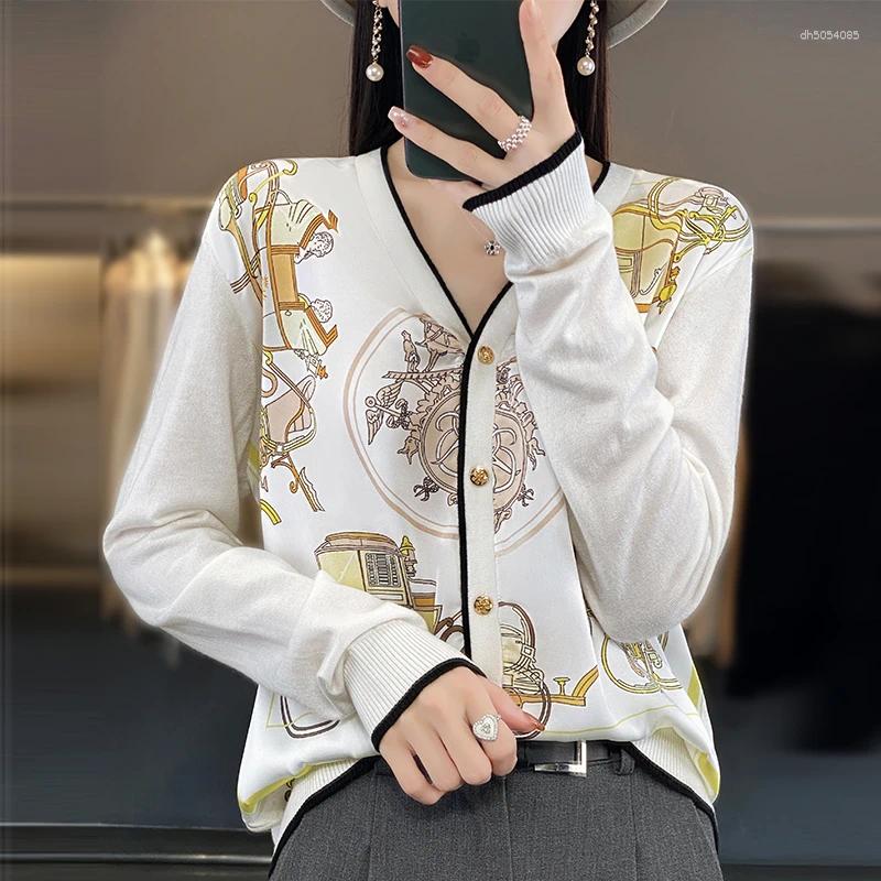 Women's Blouses Spring And Autumn Woven Wool Cardigan V-neck Color Matching Sweater Thin Loose Silk Printed Long Sleeve Knitted Jack