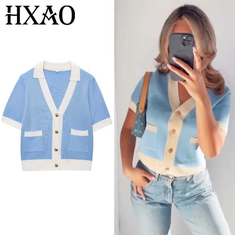 2025 HXAO Crop Knit Cardigan Womens Sweater Summer Knitwear Crop Blue Knitted Short Sleeve Outerwear Button Cute Cozy Sweaters X250724