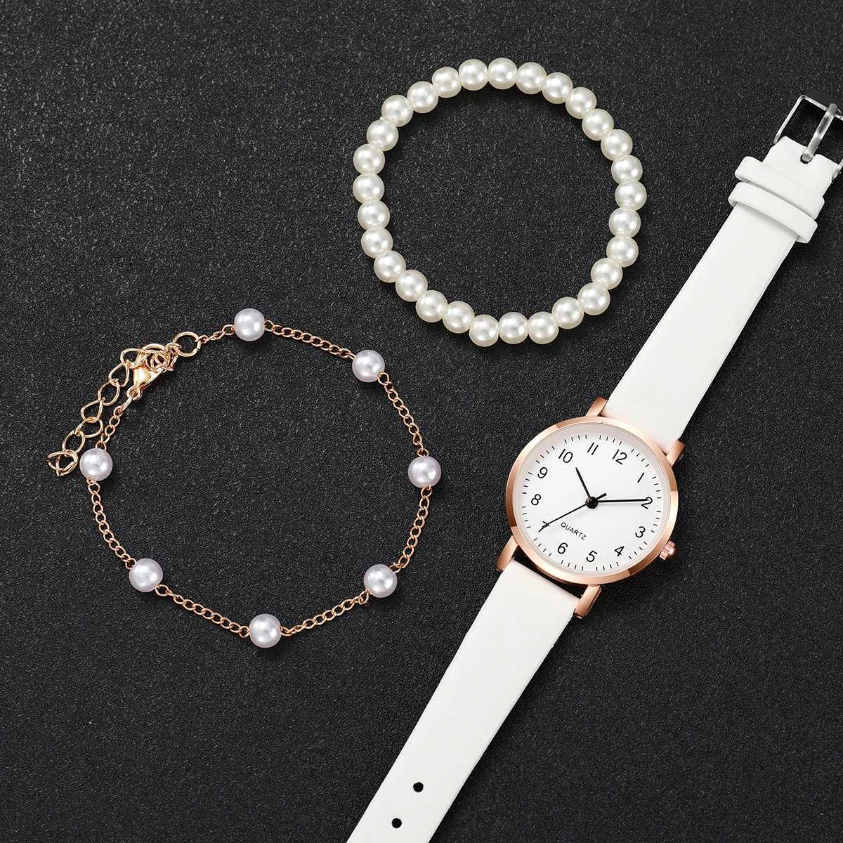 3pcs/set Fashion Women Leather Strap Quartz Watch and Pearl Bracelet Set W250724