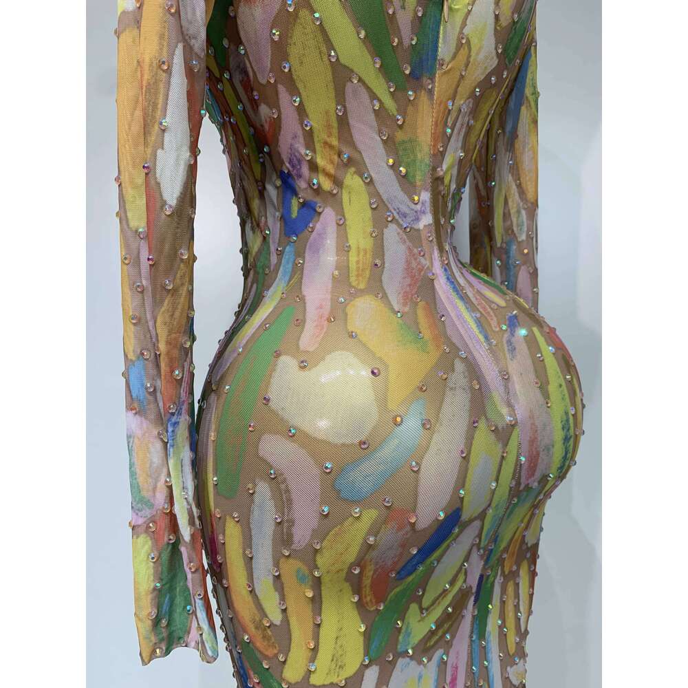 Designer Niche Shiny Rhinestone Stretch Mesh Perspective Ladies Show Dancer Dress Party Nightclub Stage Costume