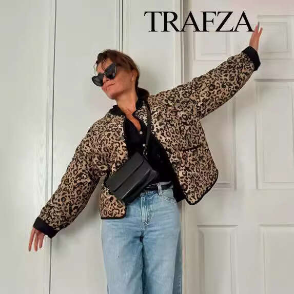 TRAFZA Autumn New Women's Animal Print Leopard Long Sleeve Cotton Jacket Coat B5