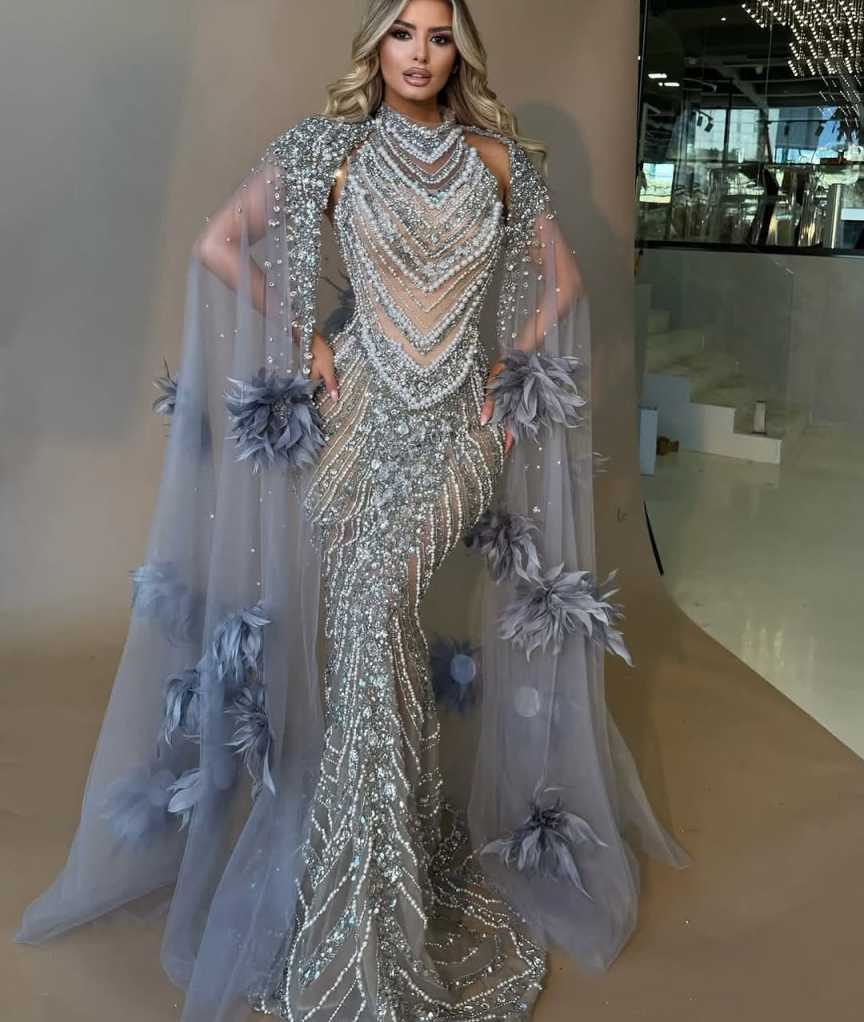 Caramel Color Prom Dress High-End Hanging Neck Long Sleeve Fish Tail Solo Evening Gown Slimming Long Dress for Art Exam Vestido De Noite