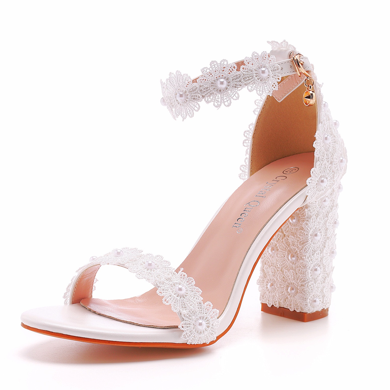 Women's High Heel Sandals with Beaded Strap Buckle, 9CM Square Heel PU Pumps for Bridal Wedding and Formal Events White
