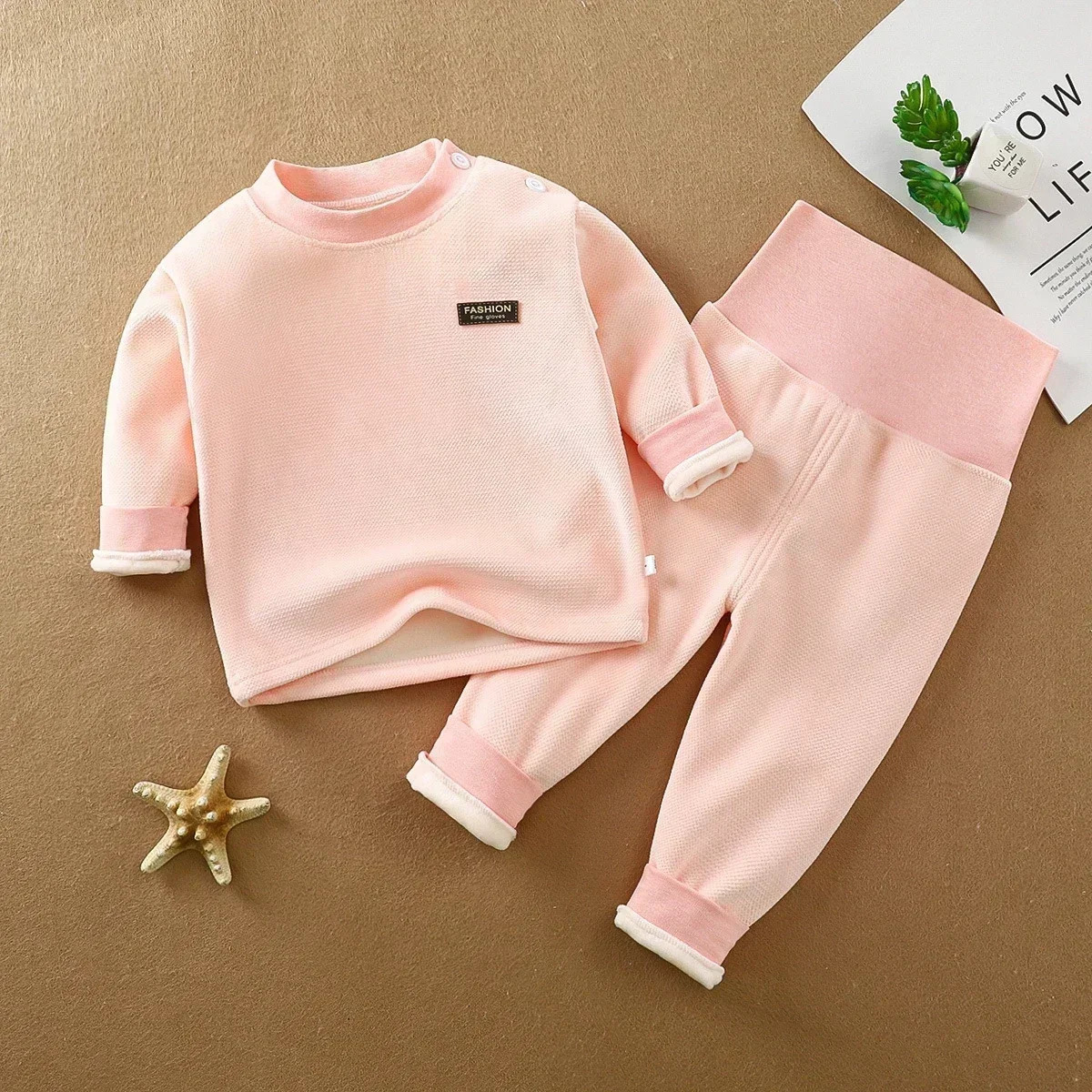 Warm underwear set for autumn and winter babies thickened high waist and belly protection baby casual childrens clothing 250724