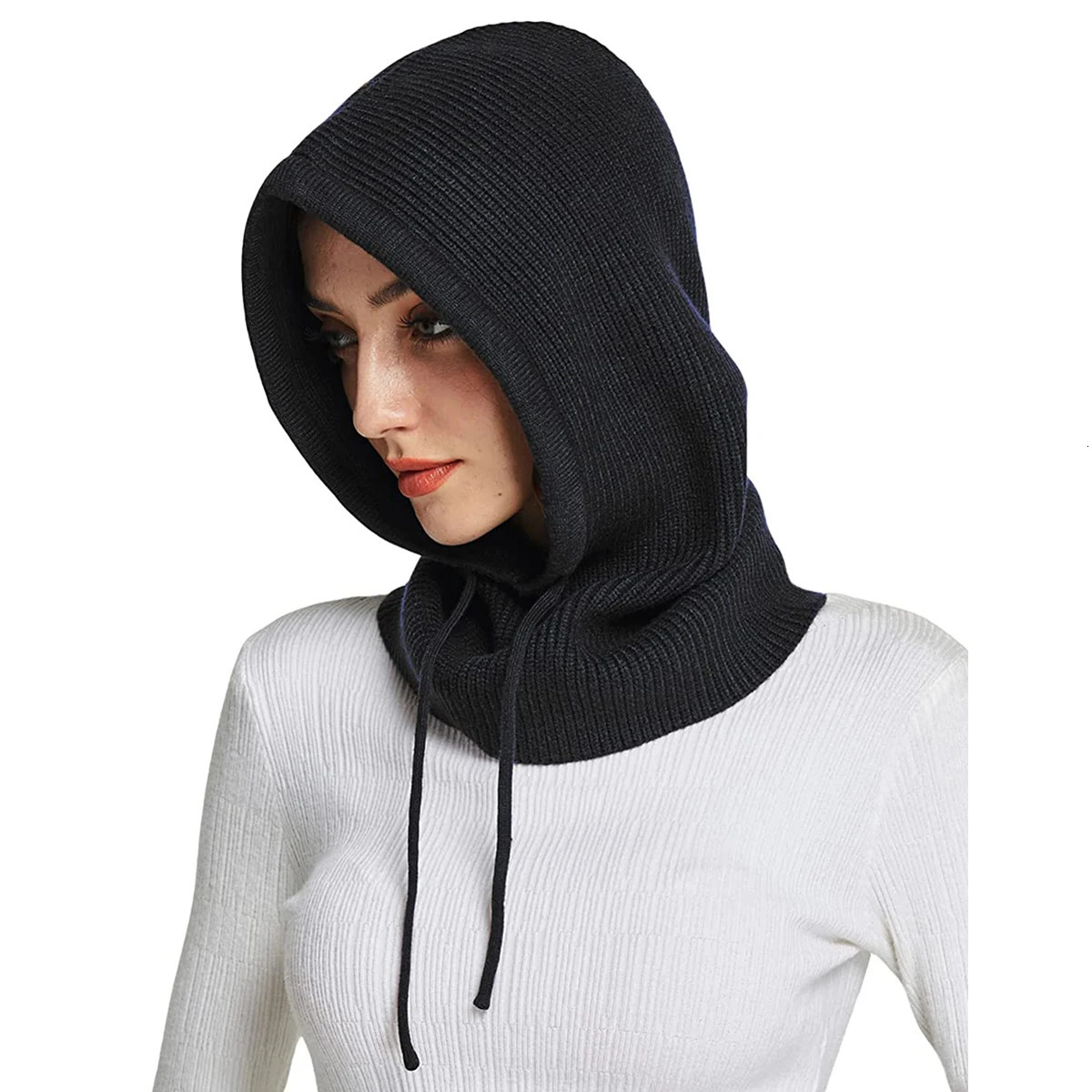 Knitted Wool Balaclava Skullies For Women Men Winter Wollen Drawstring Hooded Scarf Hat Neck Face Protect Beanies For Couples 250722
