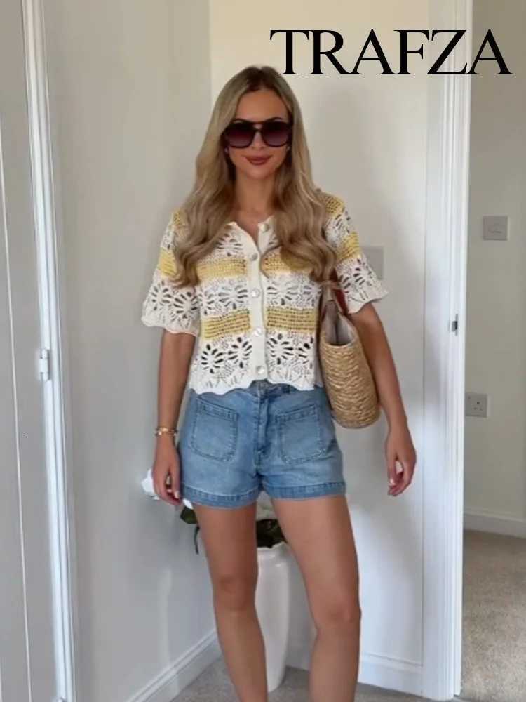 TRAFZA Female Summer Fashion Lapel Jacquard Mesh Knitting Half Sleeve Striped Cardigan Women Single-Breasted Sweater Casual Top X250724