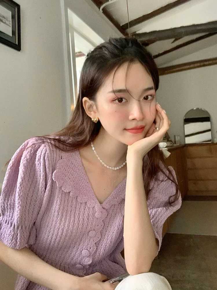 Woherb Knitted Turn Down Collar Cardigan Womens Y2k Short Sleeve Sweater Pull Femme 2025 Womens Fashion Korean Solid Tops X250724