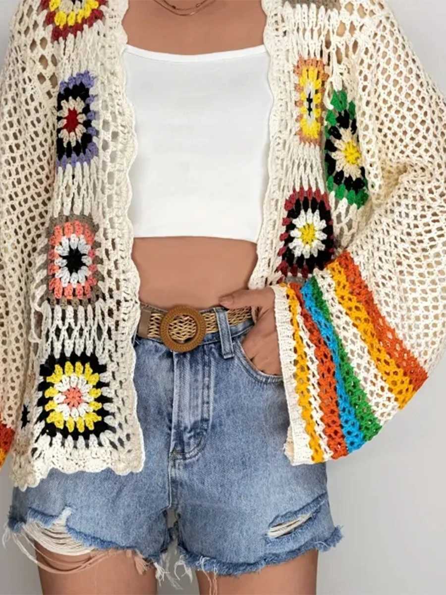 2025 Y2K Hollow Knitted Crochet Sweater Cardigan Womens Spring and Autumn Fashion Blouse Top 2000s Vintage Beach Coverups X2507241