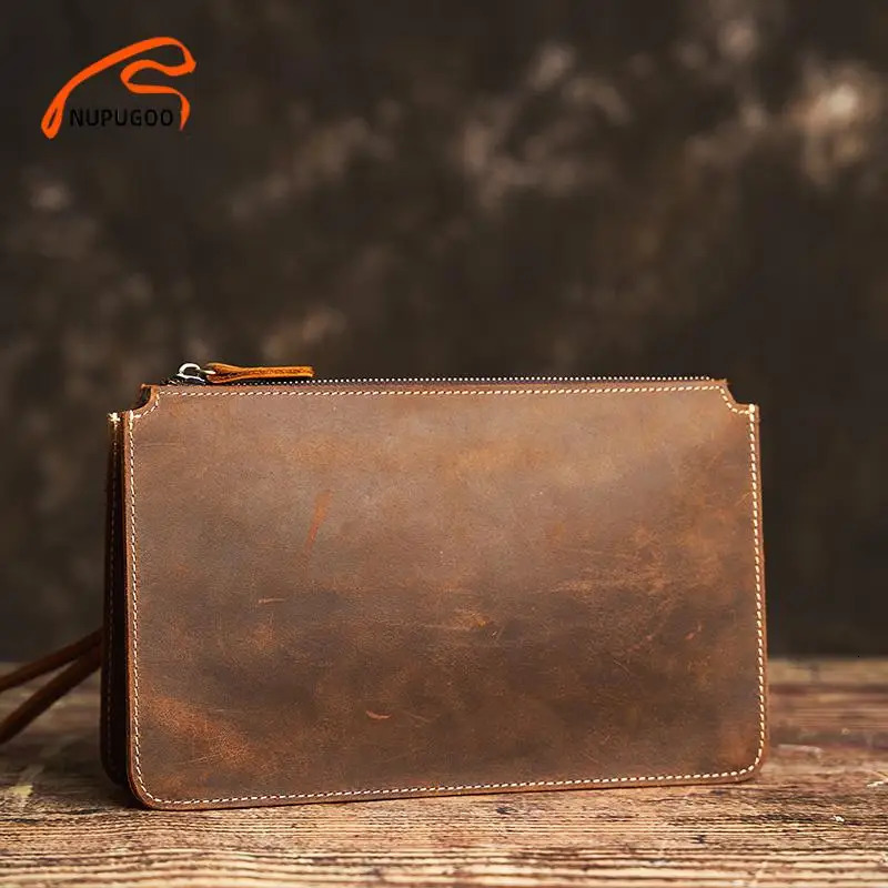 NUPUGOO Mens Clutch Genuine Leather Envelope Bag Cell Phone Large Capacity Casual Large Capacity Clutch Bag Cowhide 250723