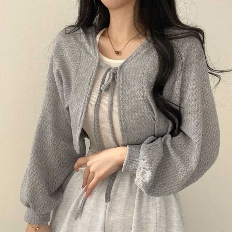 Dptown Lace Up White Cardigan V Neck Knitwear Lantern Sleeve Womens Sweater Korean Fashion Spring Knit Oversize Wear To Work X250724