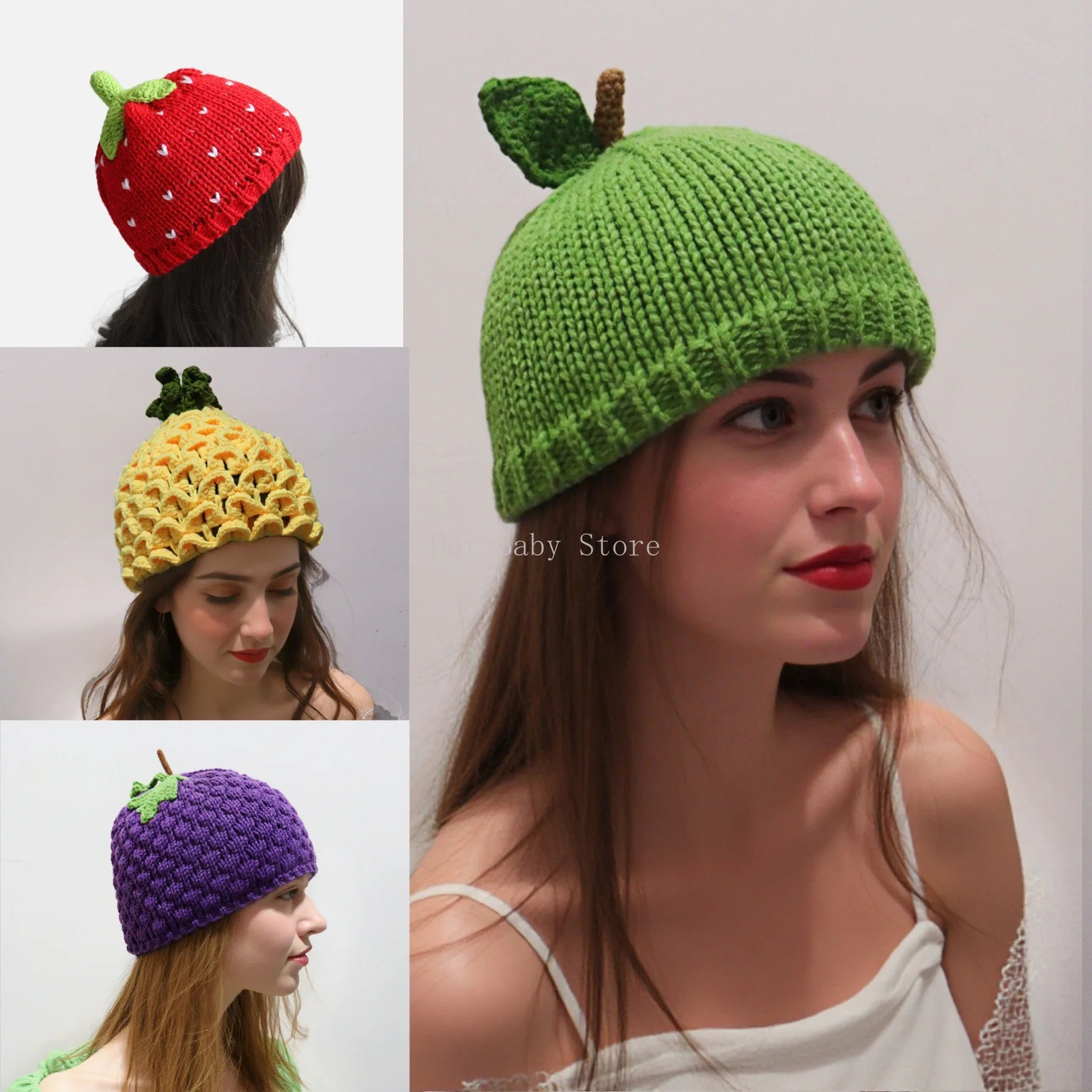 Fruit Hat Handmade Knitted Girl Cute Wool Hat Grape PineappleCreative Funny Knitted Hat Pure Hand Winter Cap Women Men 250722