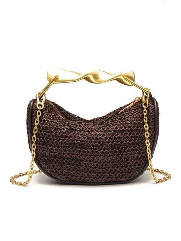 Leather Bag Bucket Bag Tote Bag Home Metal Gold Handle Mini For Women New Straw Single Shoulder Crossbody Zipper Woven Bag