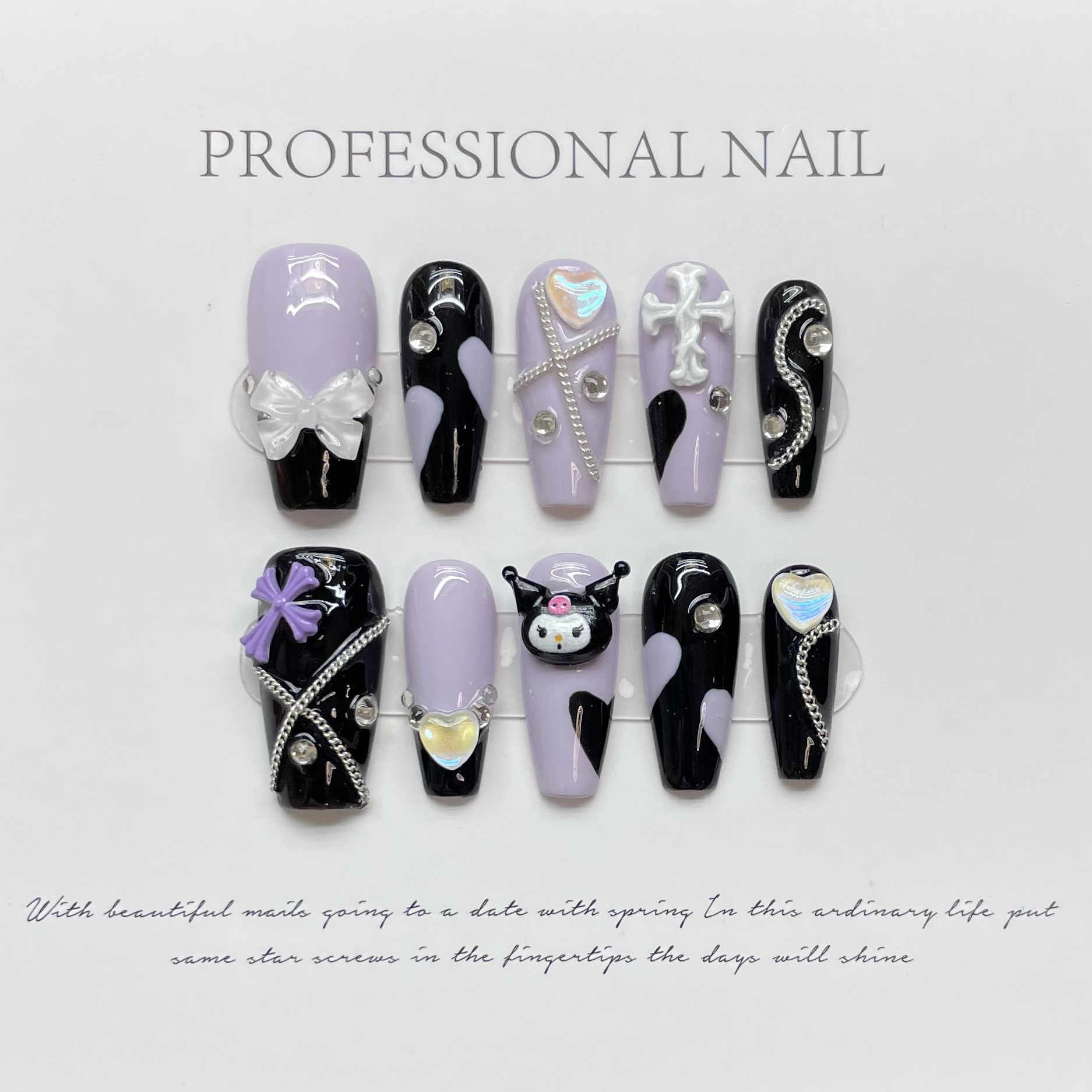 New Dopamine Color Matching Kuromi Fake Nail Patch Small Black Purple Spicy Nail Patch Long Short