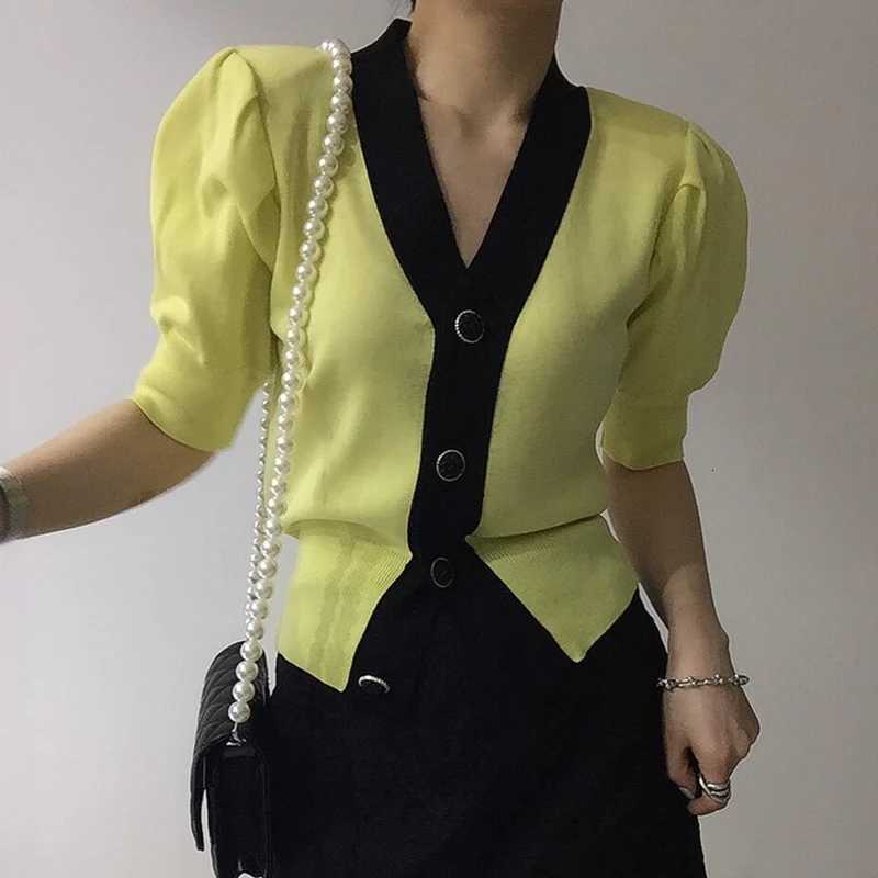 Summer Elegant Puff Short Sleeve Cardigan Office Lady 2023 Korean Contrast Single Breasted V-Neck Casual All-Match Knitted Tops X250724
