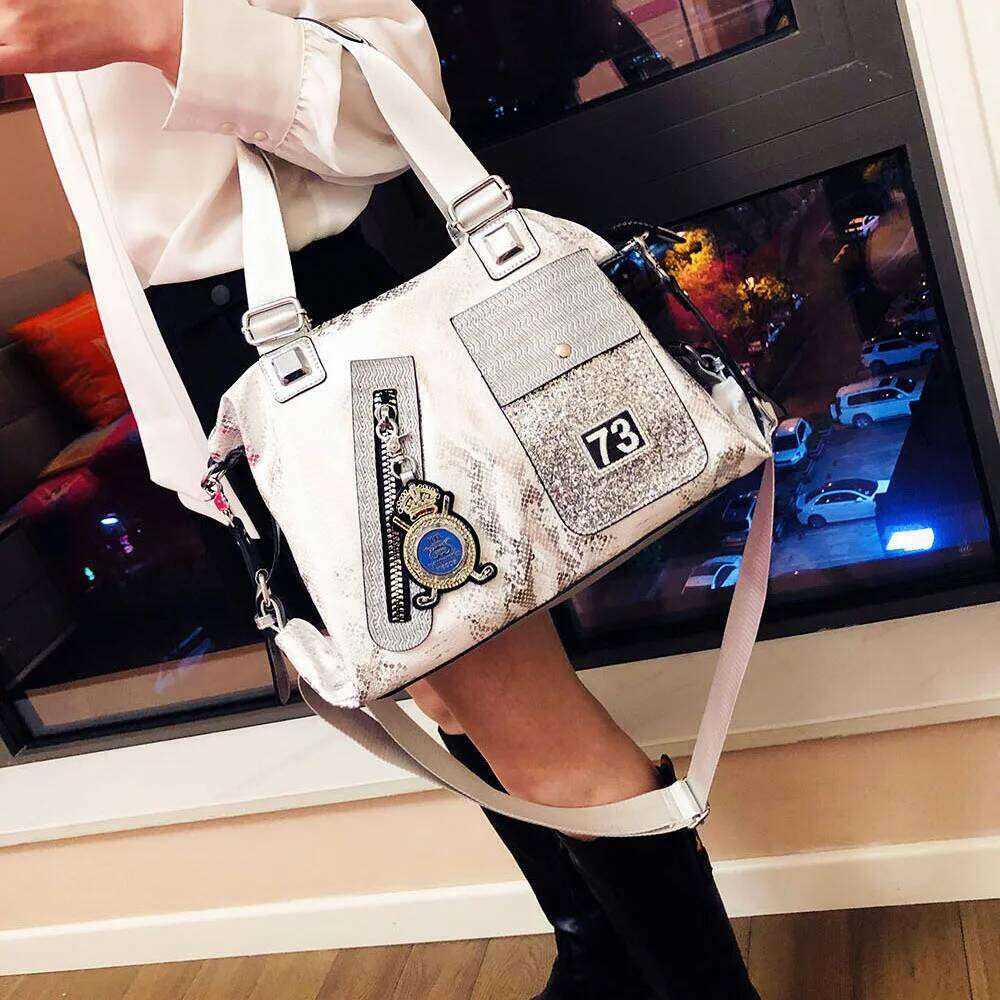 Fashion Brand Women Dia Leather Shoulder Bags Large Capacity Handbags Sequins Black Retro Crossbody Tote Bag