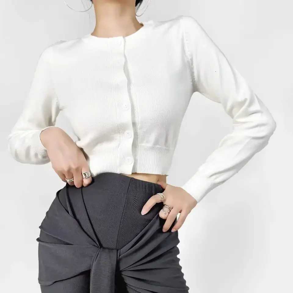 2024 American Retro Button Through Pointelle Knit Cardigan Sweater for Women O Neck Full Sleeve Cropped Knitwear White X250724