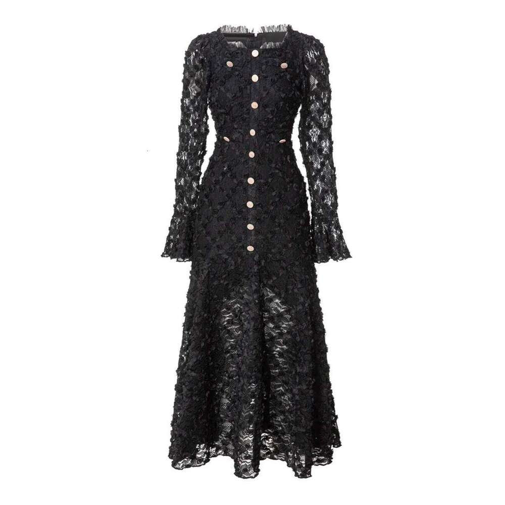 TWOTWINSTYLE Solid Slimming Spliced Appliques Dresses For Women Round Neck Long Sleeves Patchwork Single Breasted Dress Female