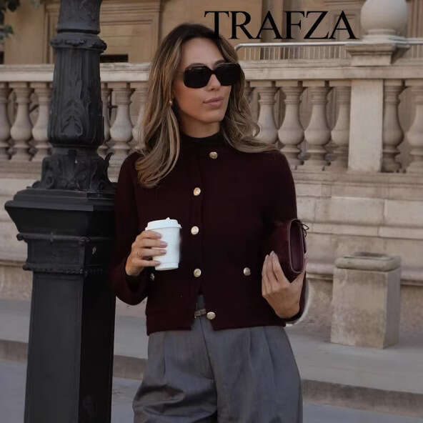 TRAFZA Autumn New Style Gold Button Short Knitted Cardigan Jacket B5